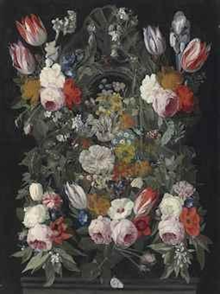 Roses, parrot tulips, poppies, fuschia, narcissi, morning glory by Jan Van Kessel The Elder