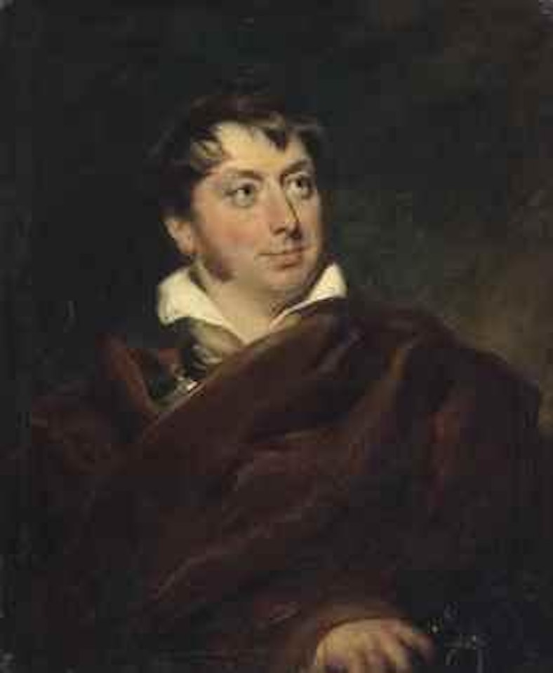 Portrait of a gentleman, bust-length, in a brown cloak and white shirt, holding his hat by Sir Thomas Lawrence