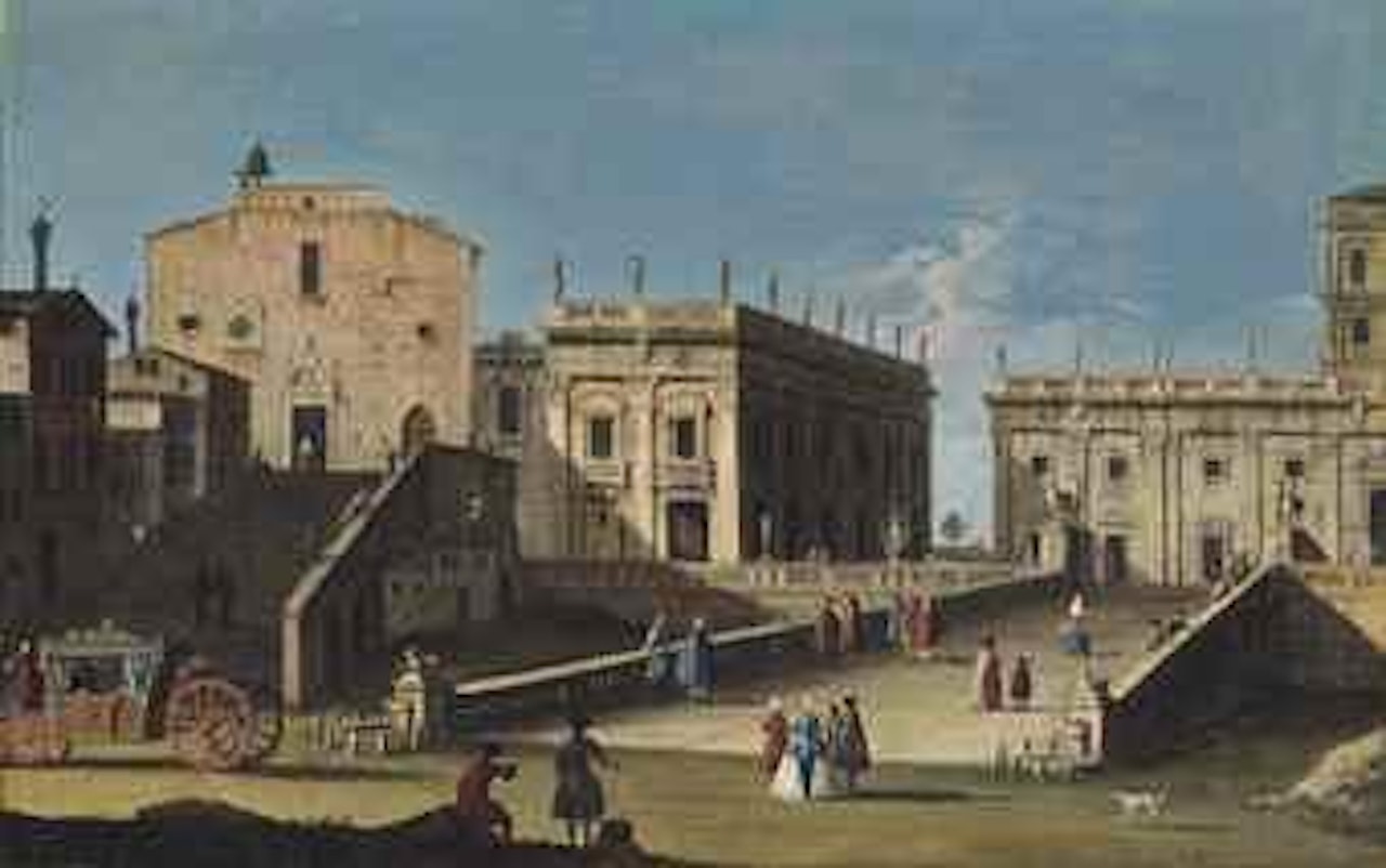A view of the Campidoglio, Rome, with Santa Maria in Aracoeli, a carriage and elegantly dressed figures in the foreground by Apollonio Domenichini