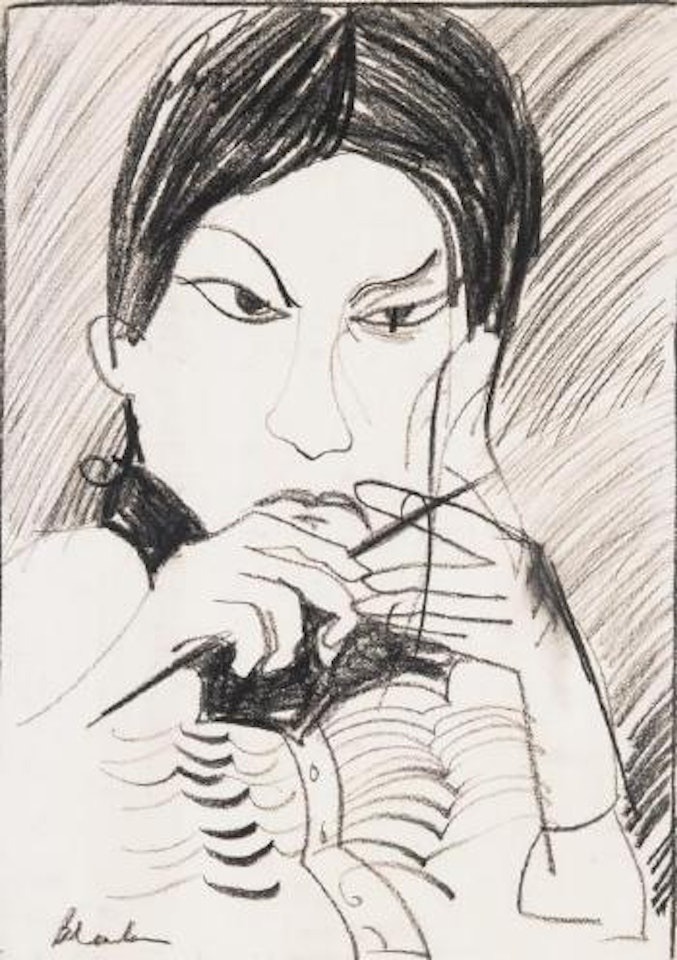 Japanese woman knitting by Charles Blackman