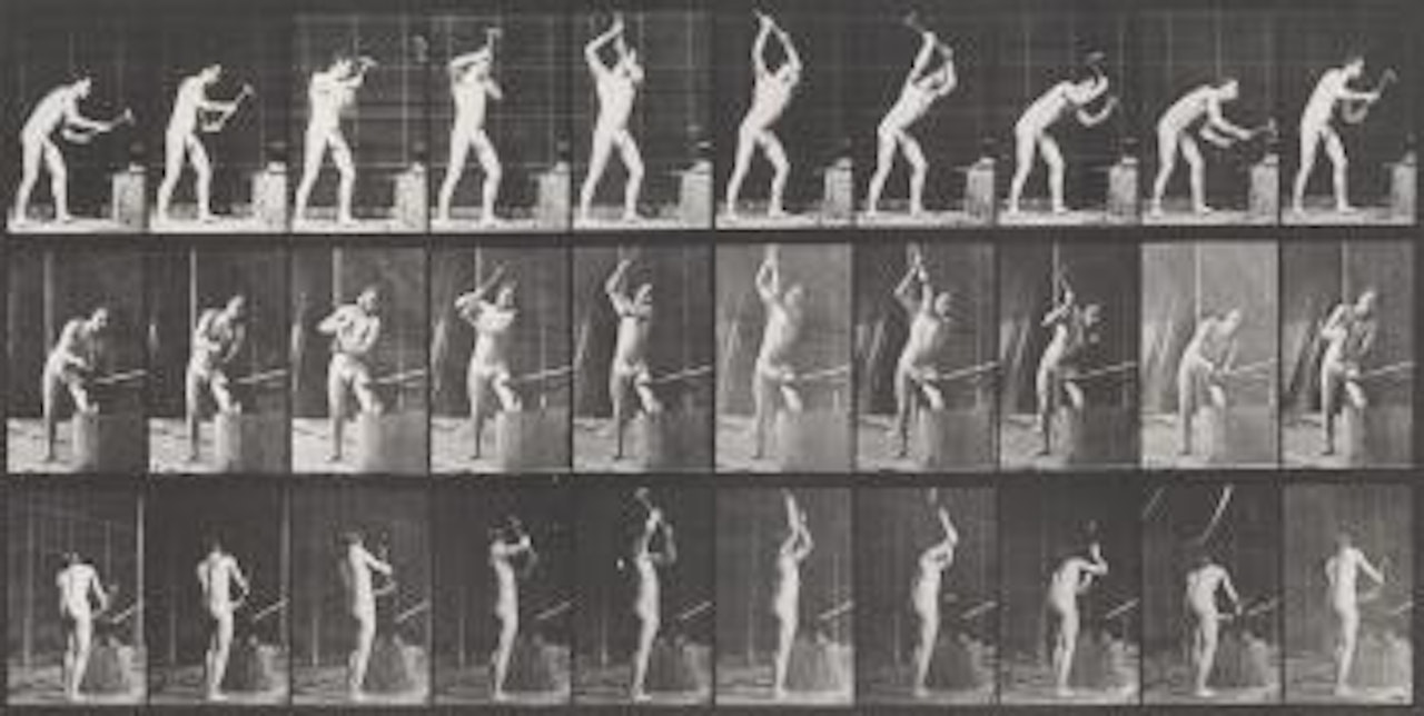 Nude man swinging sledge hammer by Eadweard Muybridge