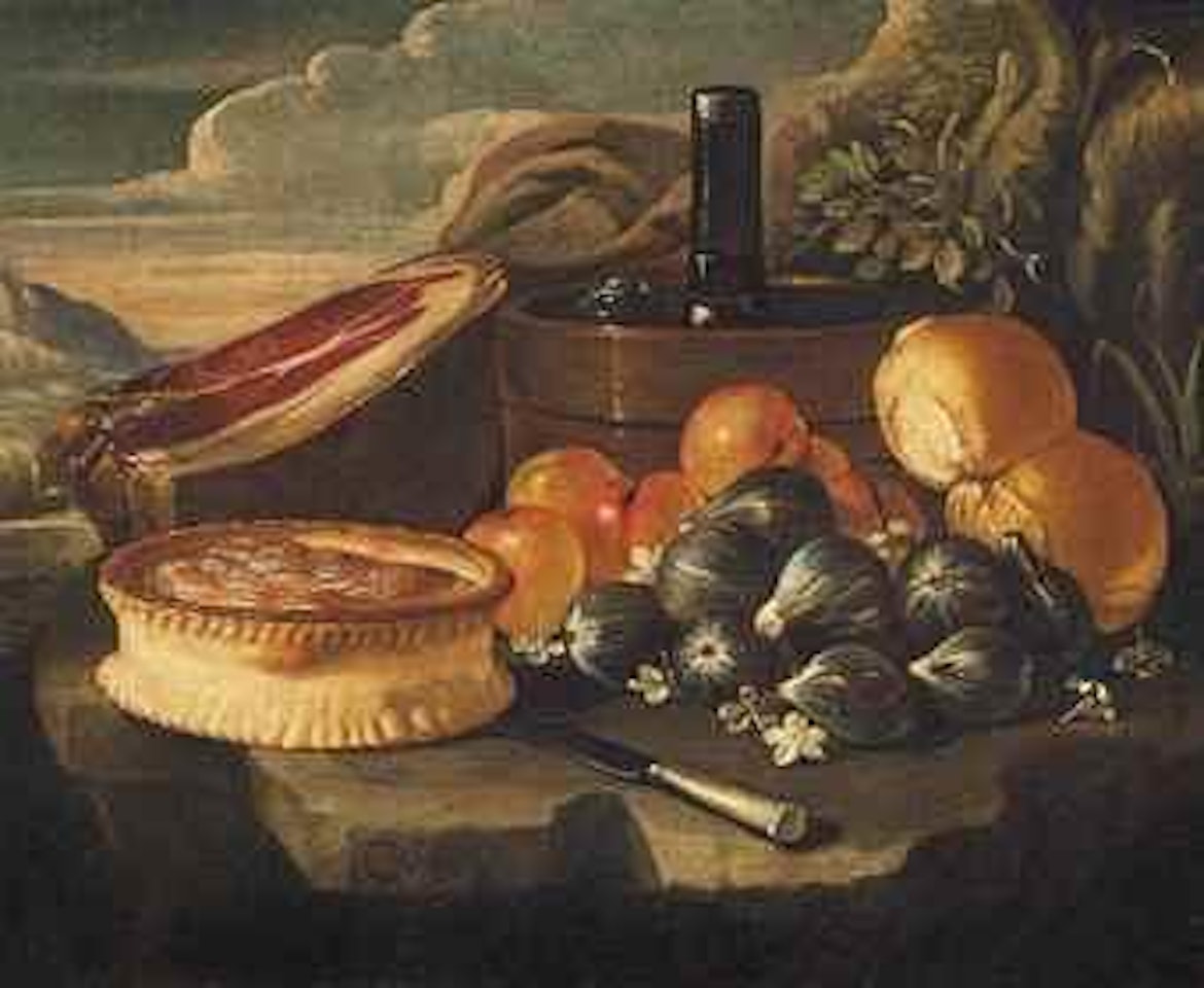 Figs, oranges, a pie, a ham, a knife and a wine flask on a stone ledge, a landscape beyond by Giuseppe Recco
