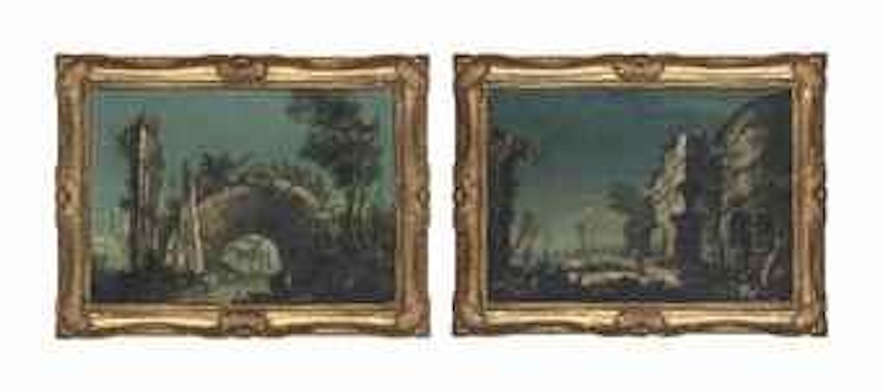 A capriccio of a mediterranean harbour with ruins and classical figures; and A capriccio with ruins and classical figures by Antonio Stom