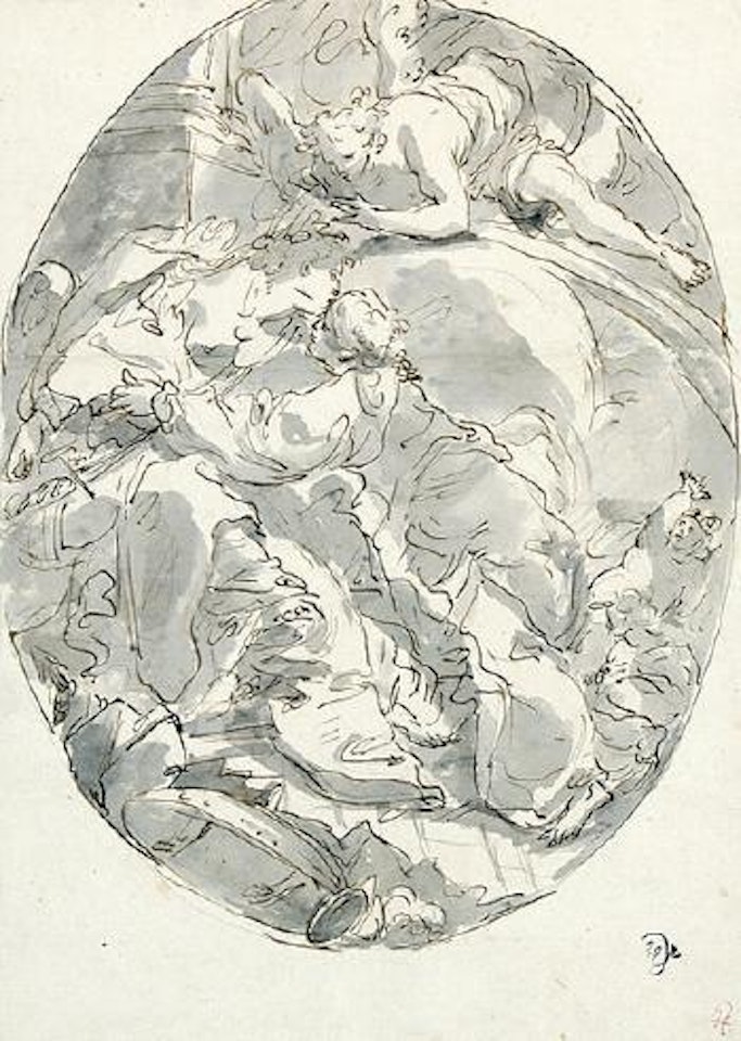 Beobachtetes Liebespaar, im Vordergrund Schild und Helm by Gaspare Diziani