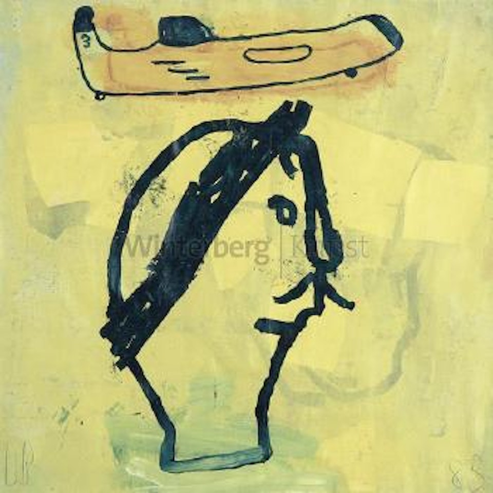Kopf und Flugzeug auf gelbem Grund by Donald Baechler