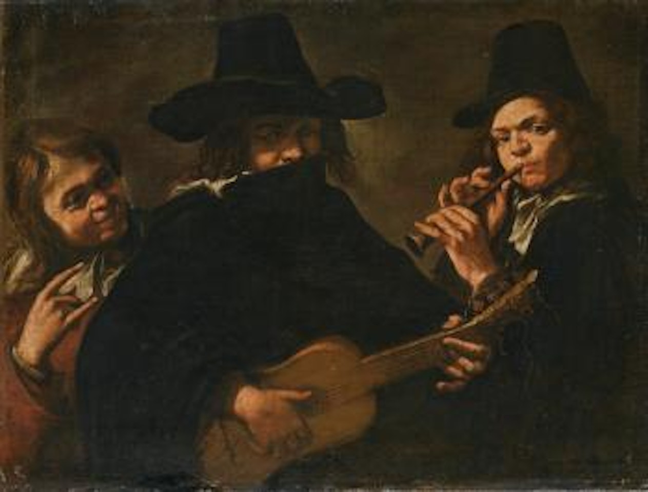 Two musicians, playing a guitar and a pipe, with another figure by Caravaggio