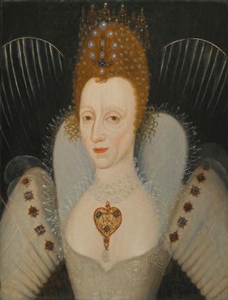 Portrait of Queen Elizabeth I, bust-length, in an ivory dress wearing a Pearl Necklace by English School