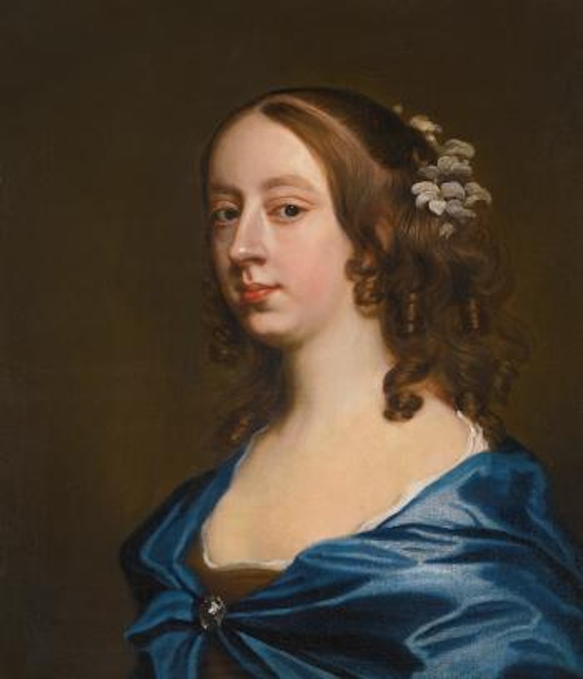 Portrait of Miss Middleton, bust-length, in a brown dress with a blue cape by John Hayls