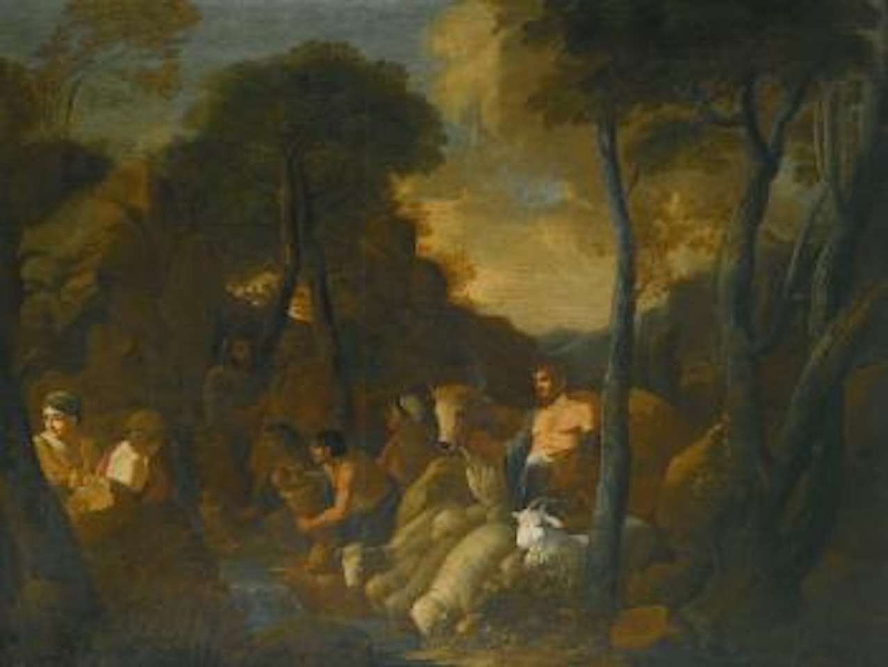 Pastoral scene with figures by a stream by Roman School