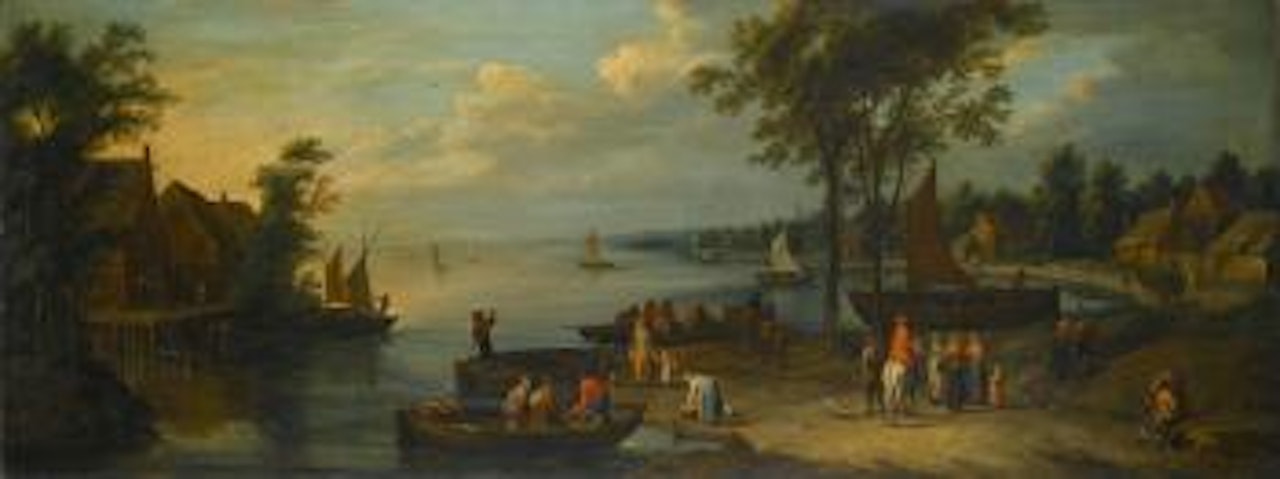 A wooded river landscape with figures near a village and boats by Jan Brueghel the Younger