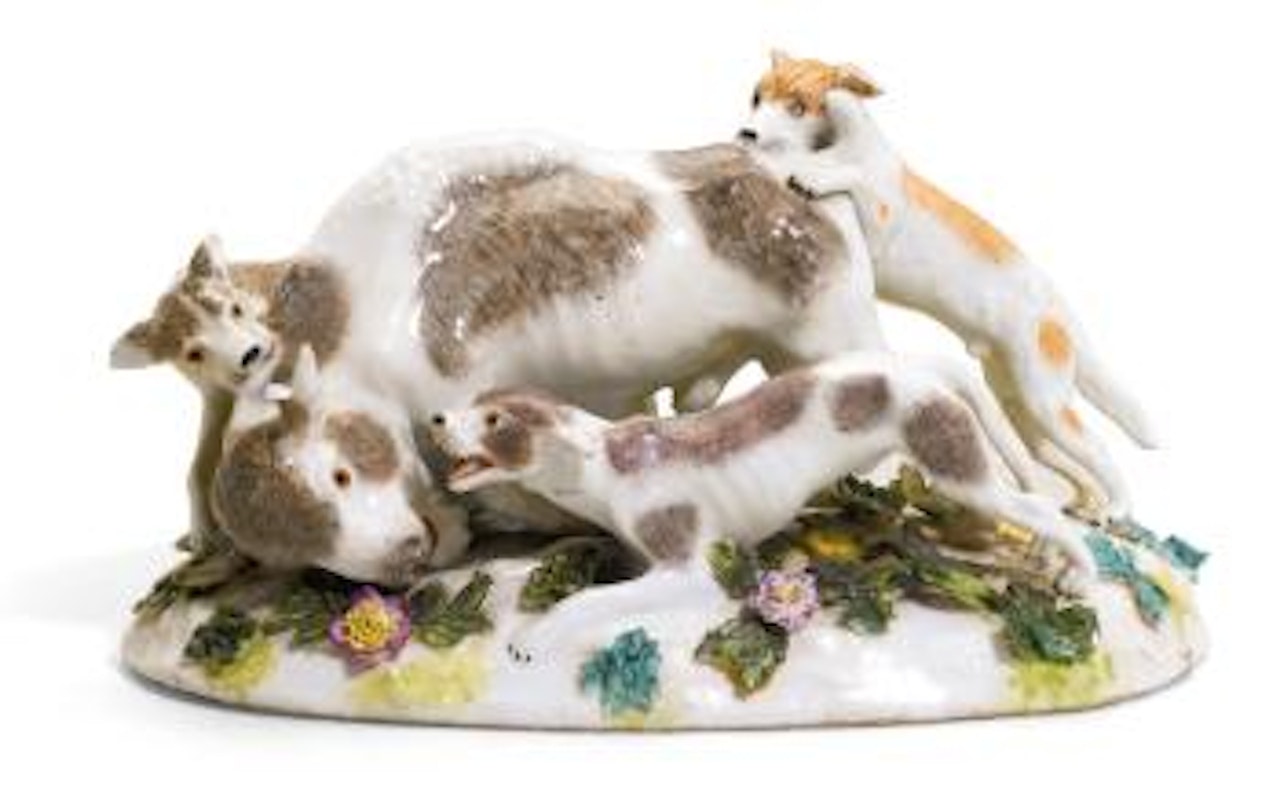 A model of a bison attacked by three Hounds by Johann Joachim Kändler