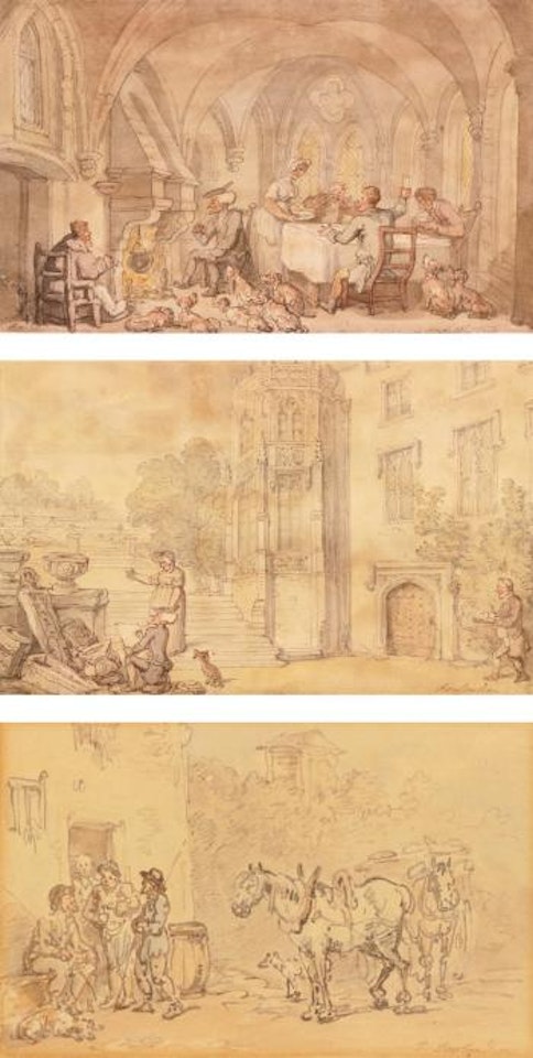 Dr. Syntax Warms Up in The Kitchen at Netley, Abbey, Hampshire; Together with Dr Syntax Sketching in The Garden; and The Conversation Outside The inn by Thomas Rowlandson