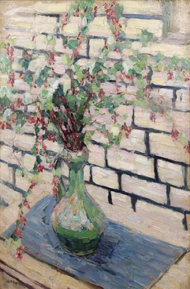 Still life with green vase of flowers by Joseph Raphael