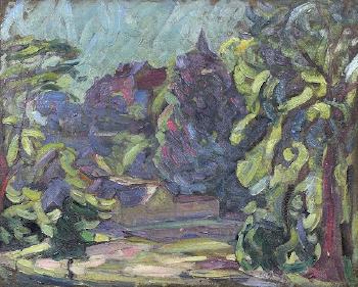 View of houses and church through the trees by Joseph Raphael