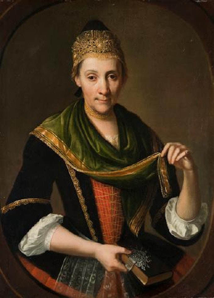 Ritratto di donna con libro in mano [Portrait of woman holding a book] by Roman School