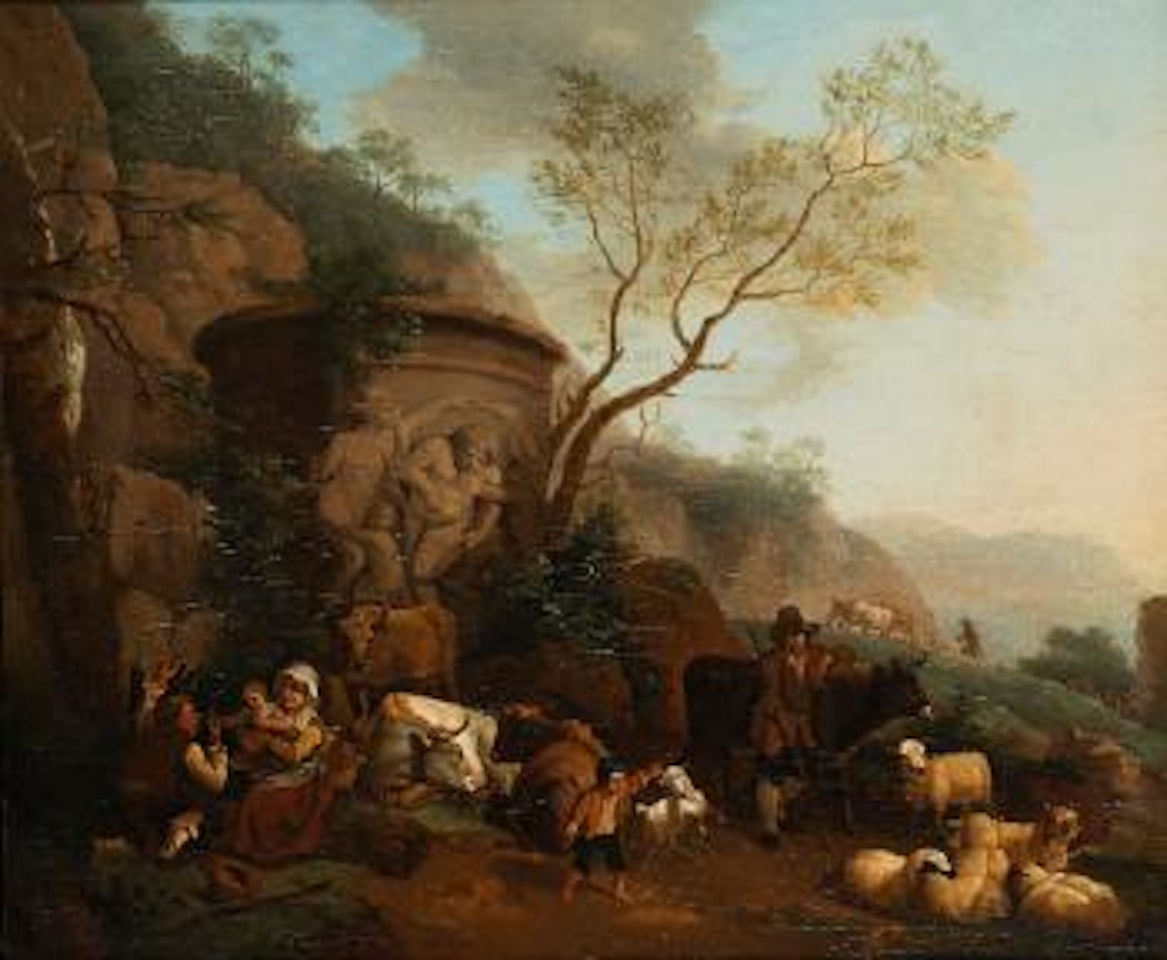 Paesaggio con pastori, armenti e vaso classico [Landscape with shepherds, herds and classic vase] by Nicolaes Pietersz Berchem