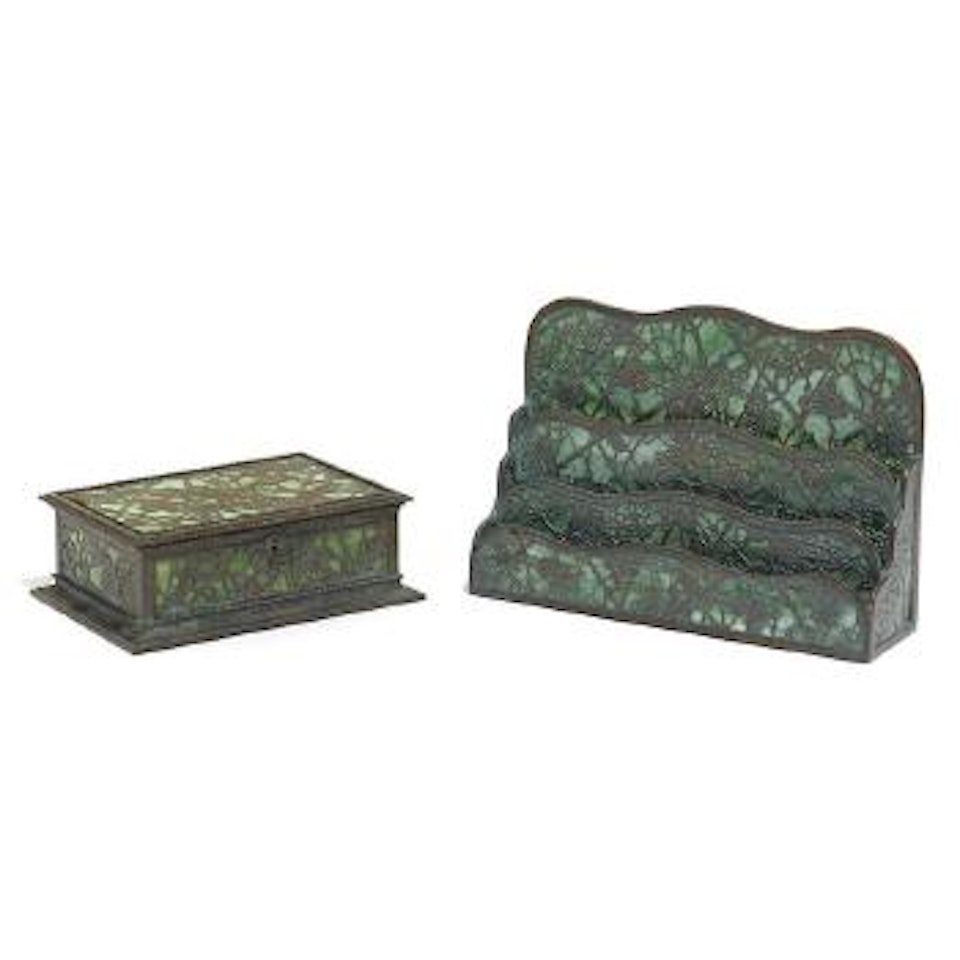 A letter rack and jewelry box by Tiffany Studios