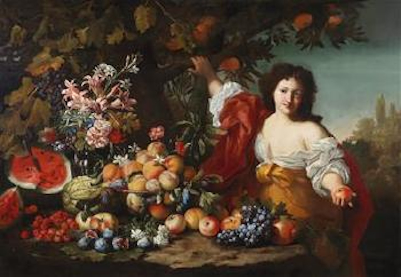A still life of fruit with Pomona by Abraham Brueghel by Guillaume Courtois