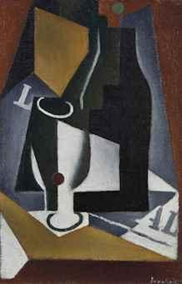 Bouteille, verre et journal by Juan Gris