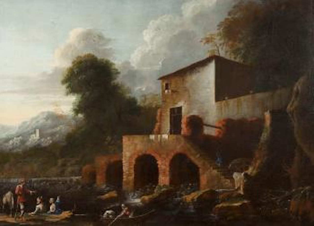 Classical Italianate landscape with figures by a weir beneath a large villa with a millwheel by Continental School