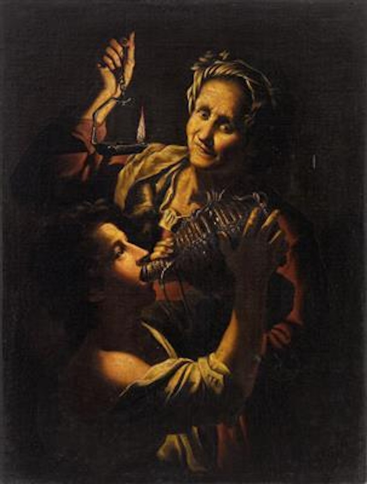 A youth caught drinking by an elderly Woman by Roman School
