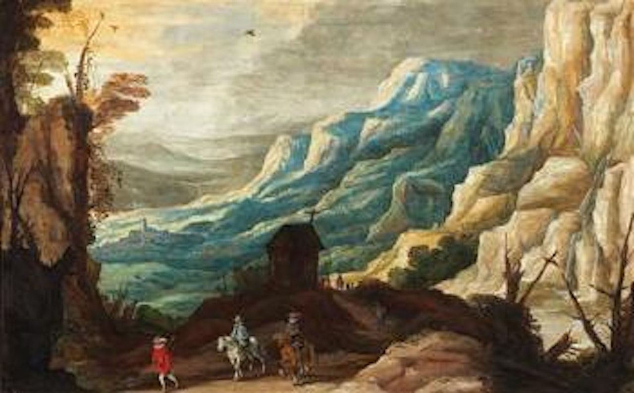 A mountainous landscape with horsemen and travellers by Joos de Momper the Younger