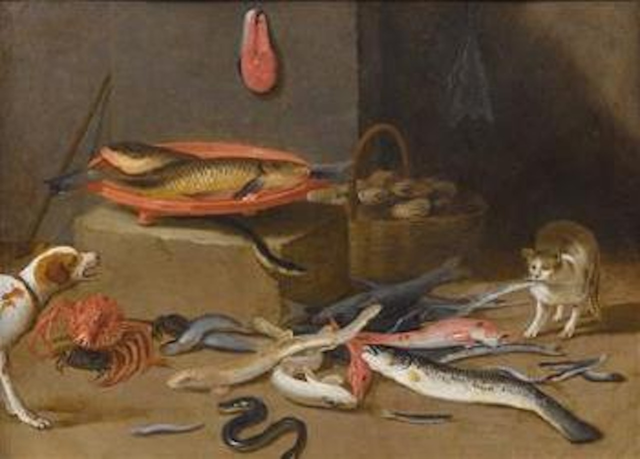 Still life of eels, sea shells, cat and dog; and Still life with a hare, pheasant and duck by Jan Van Kessel The Elder