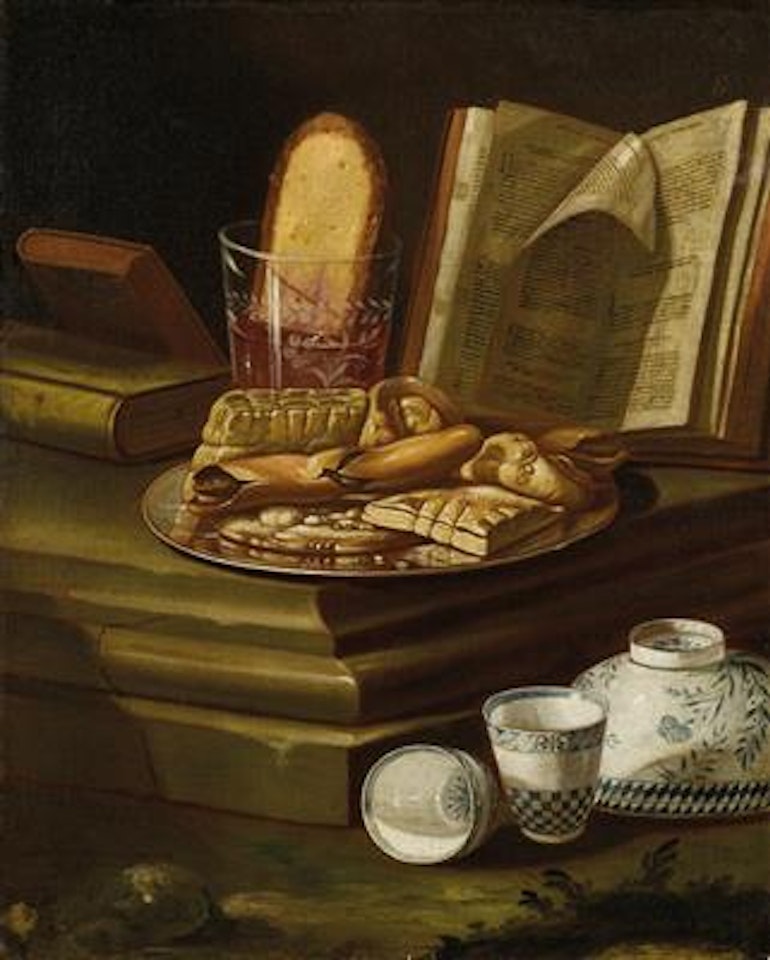 Still Life with Pastries, an open Book and Porcelain by Cristoforo Munari