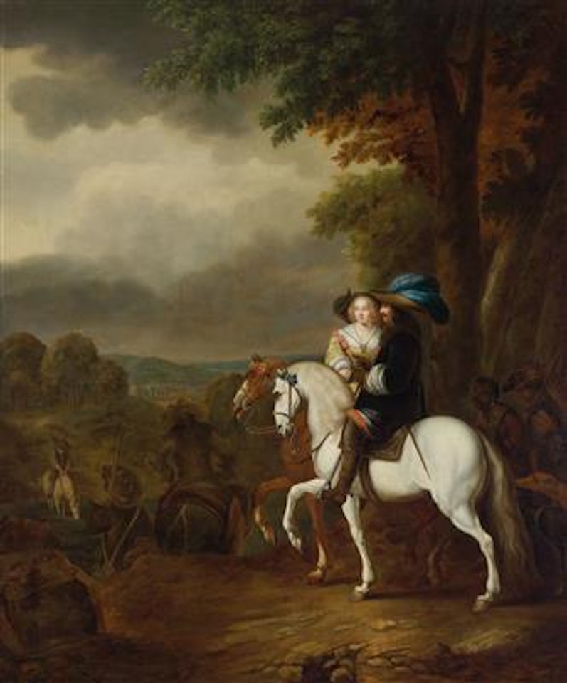 Two figures on horseback in a wide landscape, probably King Frederick III of Denmark and his wife, Princess Sophie Amalia of Brunswick-Calenberg by Dutch School