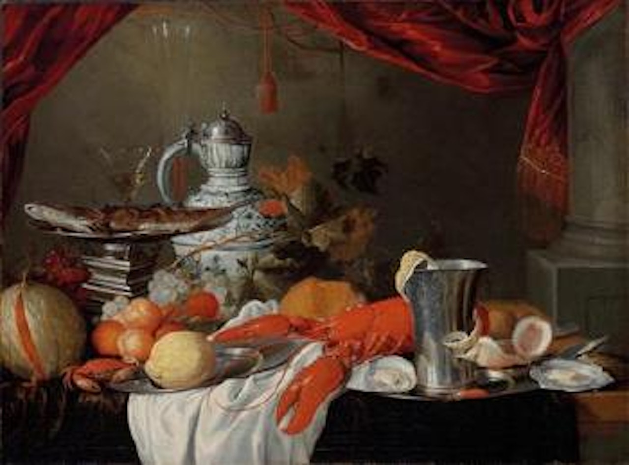 Still life with a lobster, a faience jug, a silver beaker, a fish and fruit by Jan Davidsz de Heem