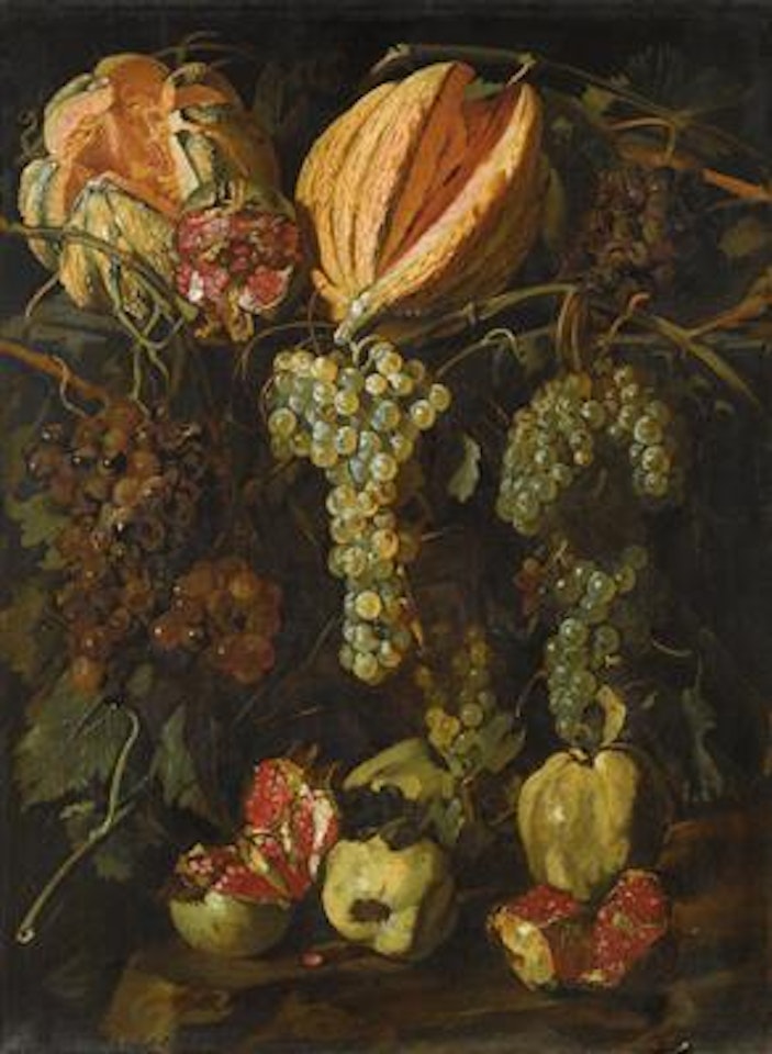 Still life with melons, grapes and pomegranates on a ledge by Roman School
