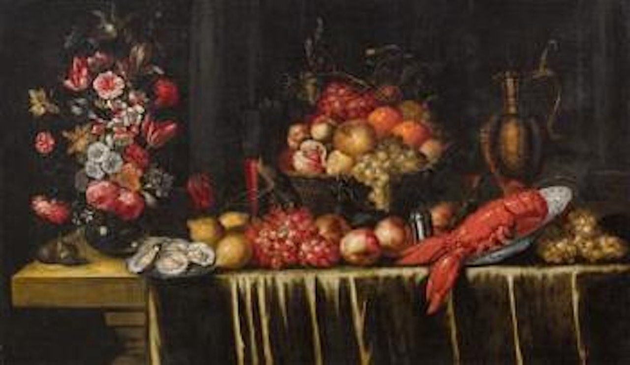 Still life with oysters, a lobster, a vase of flowers and a basket of fruit by Jan Pauwel Gillemans