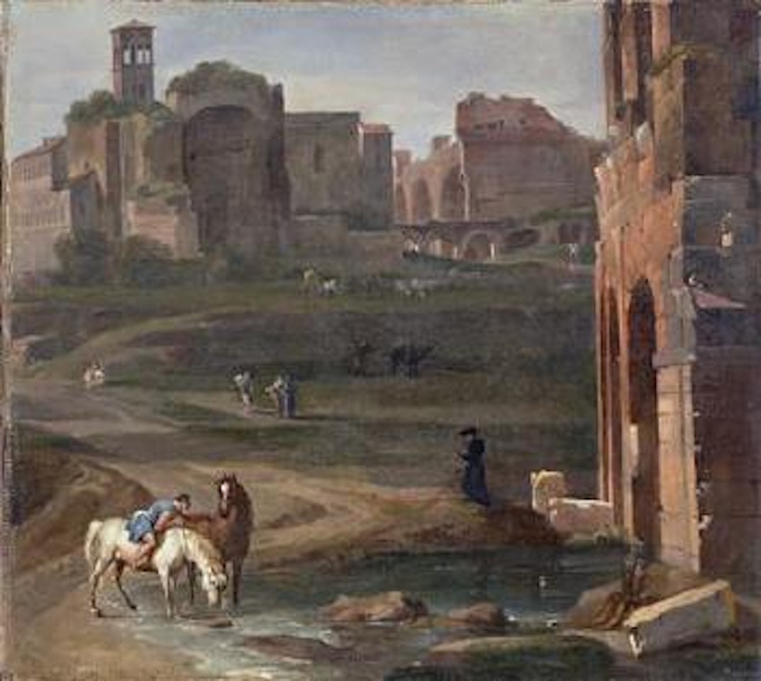 View of the Velian Hill in Rome with the Temple of Venus and Roma by Roman School