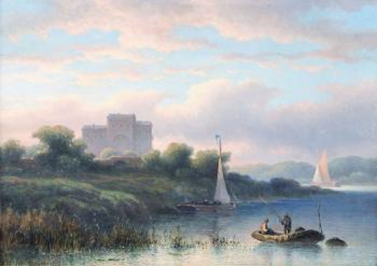 Landscape with fishermen at the river bank and building in the background by Eduard Alexander Hilverdink