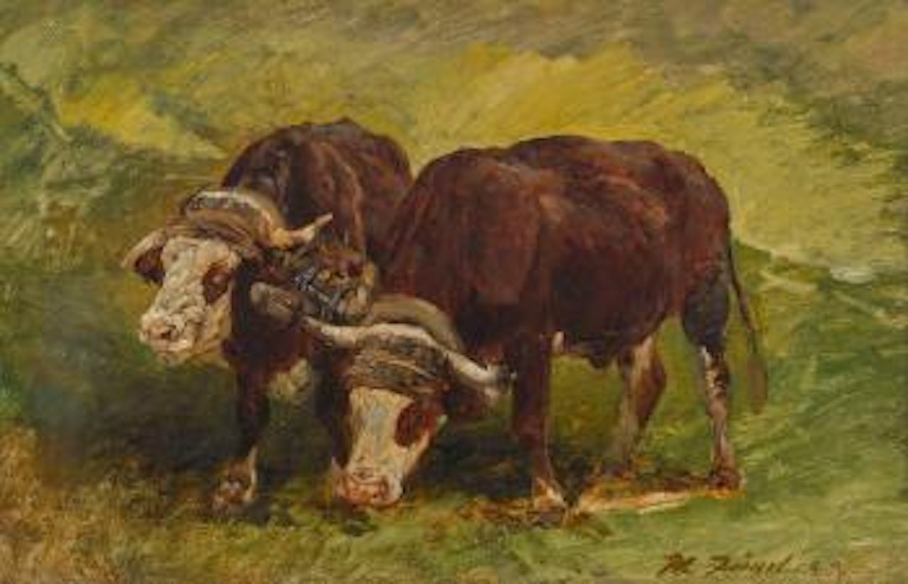 Zwei Ochsen in Landschaft by Heinrich von Zugel