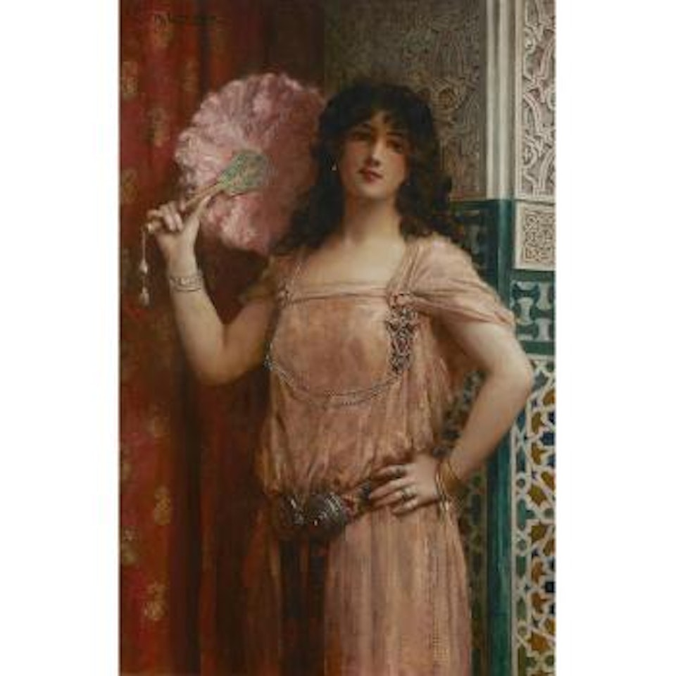 An oriental beauty holding a pink fan by Leon Comerre
