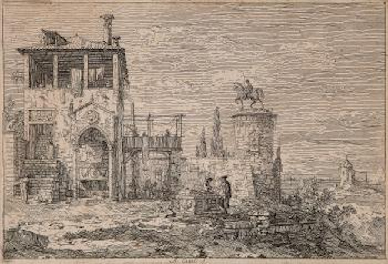 Landscape with villa and equestrian statue by Canaletto