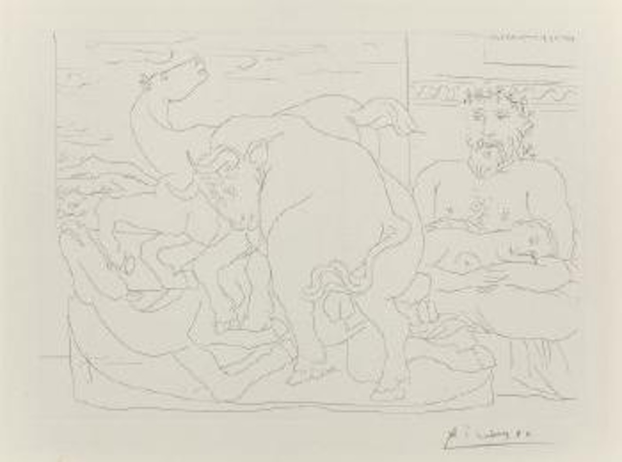 Le repos du sculpteur devant des chevaux et un taureau (from La Suite Vollard) by Pablo Picasso