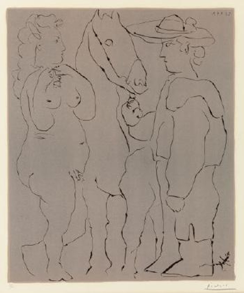 Picador debout avec son cheval et une femme by Pablo Picasso