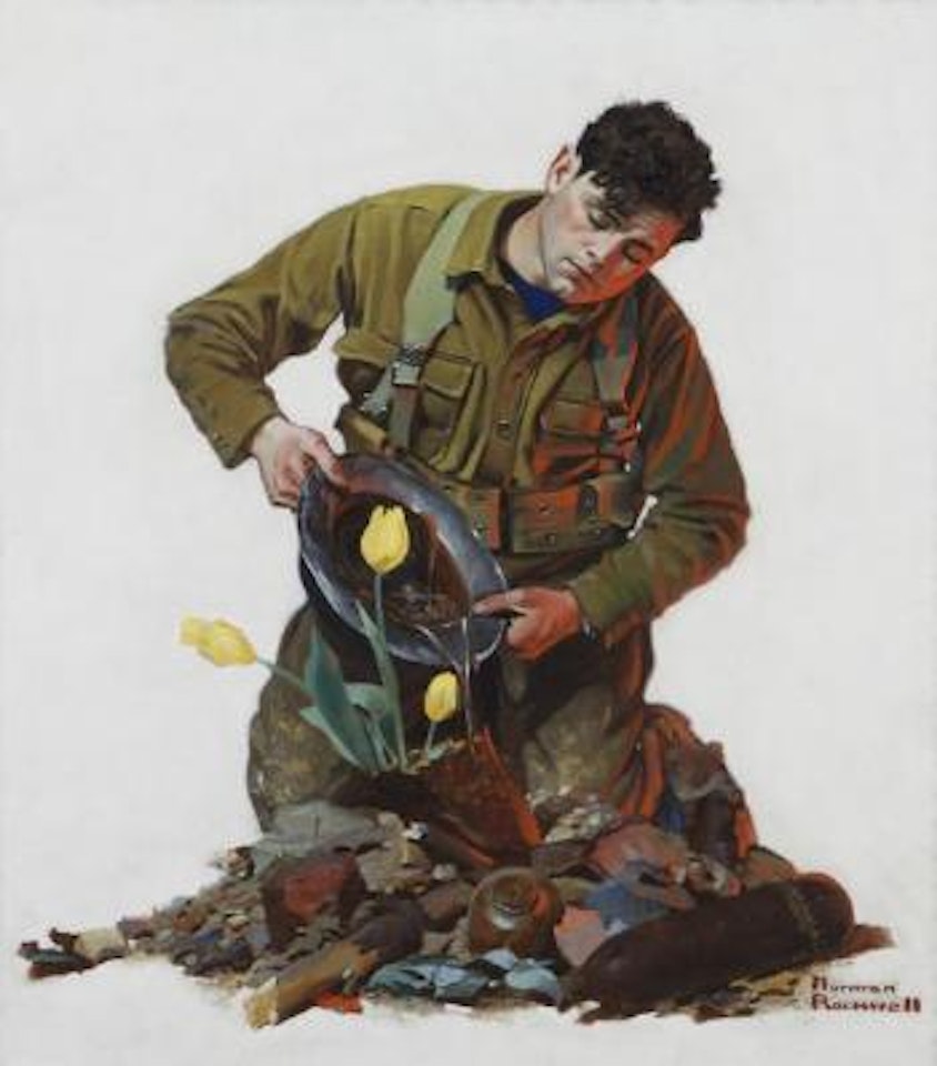 Easter (soldier watering tulip) by Norman Rockwell