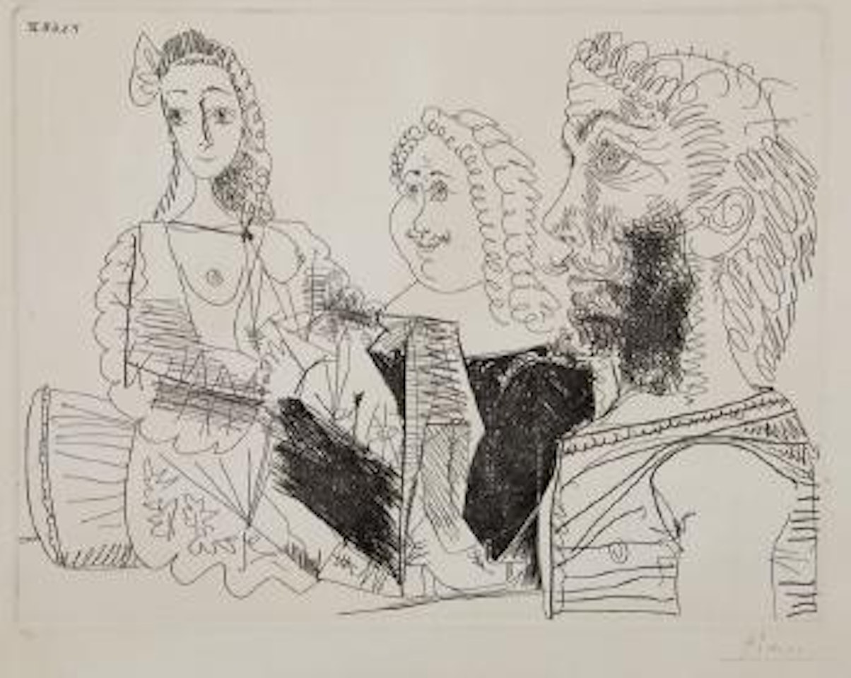 Homme en Gilet afghan songeant au armours d'un Mousquetaire et sa dulcinee, pl. 23 (from la Serie 347) by Pablo Picasso