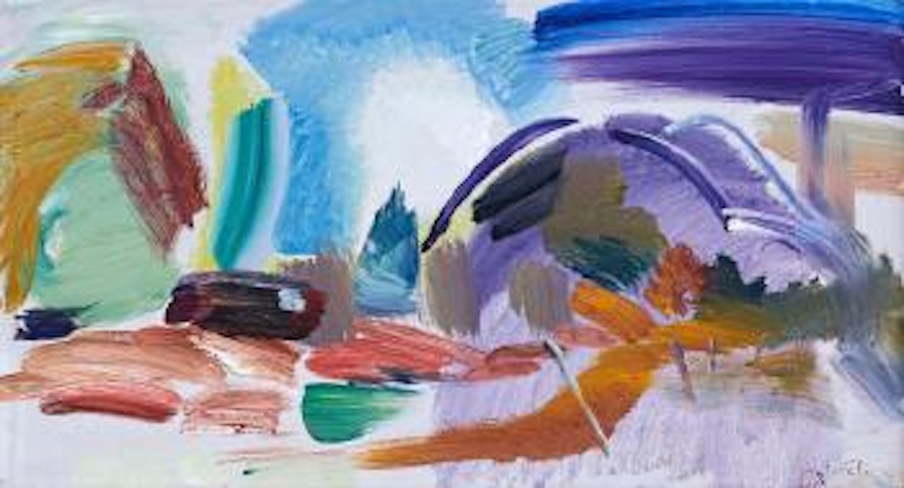 Landscape with a caravan and apple trees by Ivon Hitchens