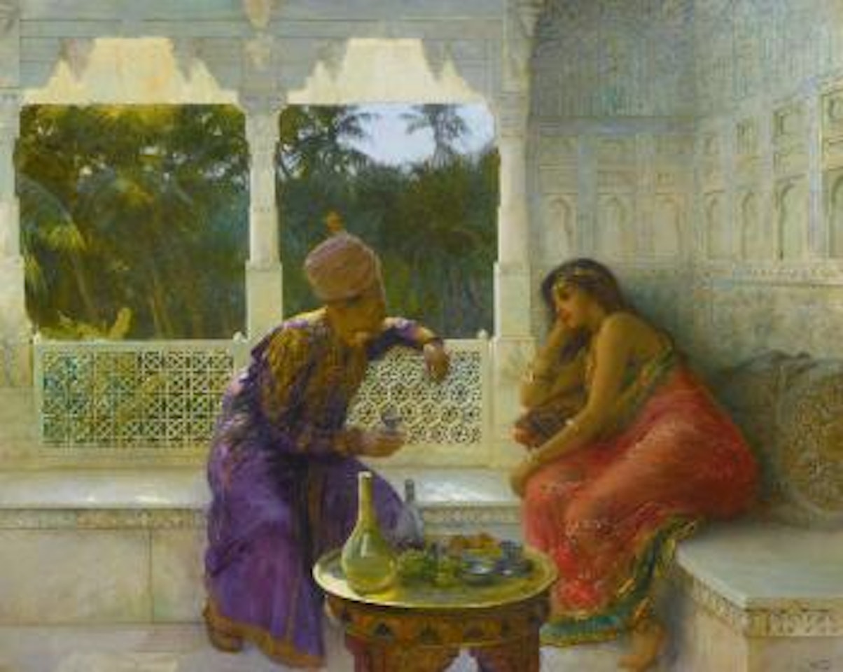 Figures in an interior with garden of palms beyond by Edwin Lord Weeks