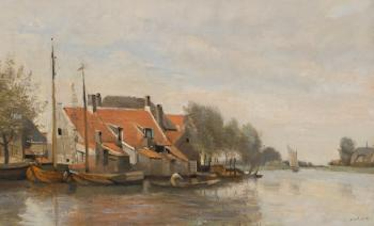 Environ de rotterdam - petites maisons au bord d'un canal by Jean Baptiste Camille Corot
