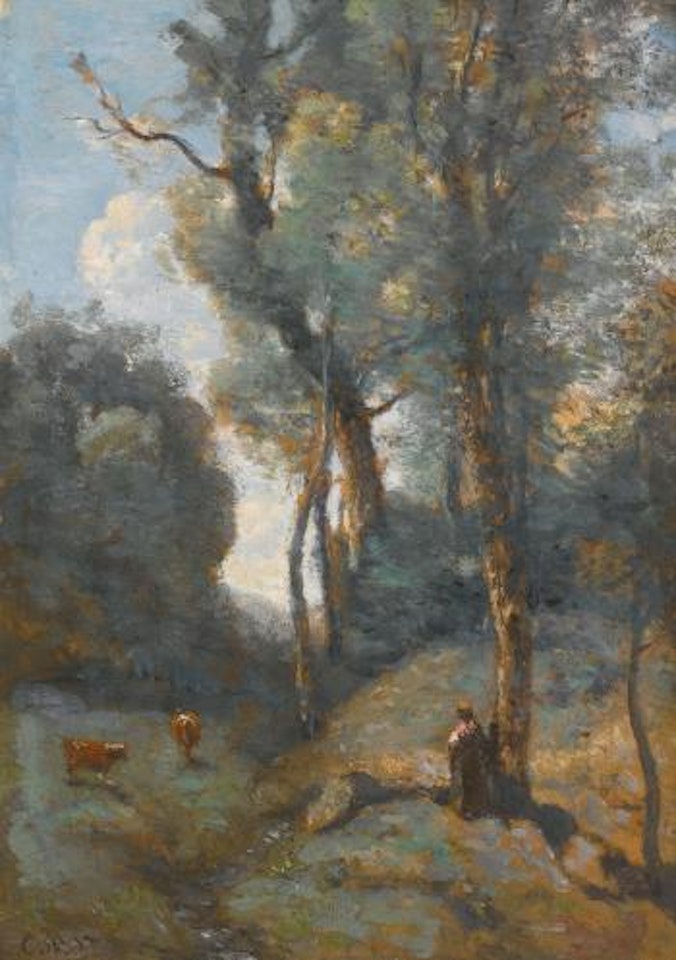 Vachère sur un coteau boisée by Jean Baptiste Camille Corot