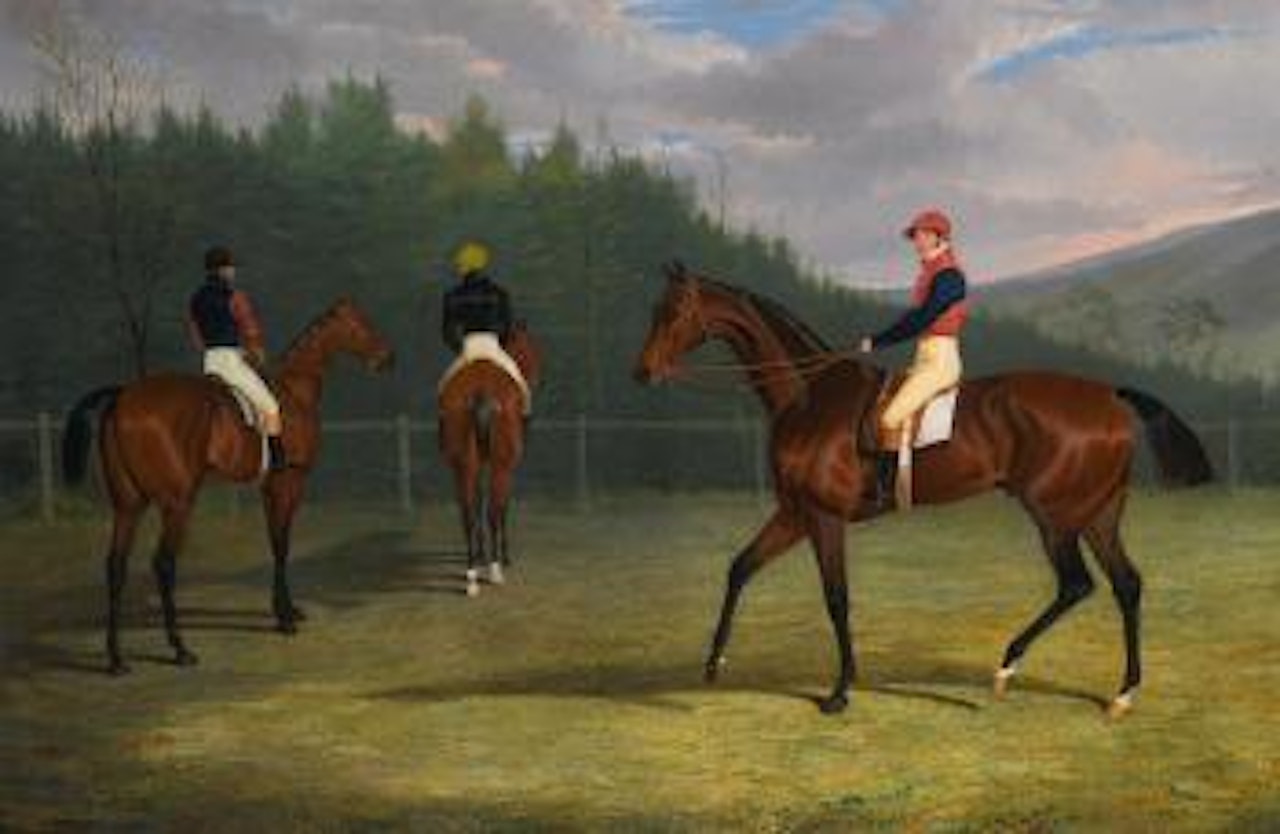 The start of the goodwood gold cup, 1831, Lord Chesterfield's Priam, his majesty king William IV's fleur de lis, and Mr. Stonehewer's variation by John Frederick Herring