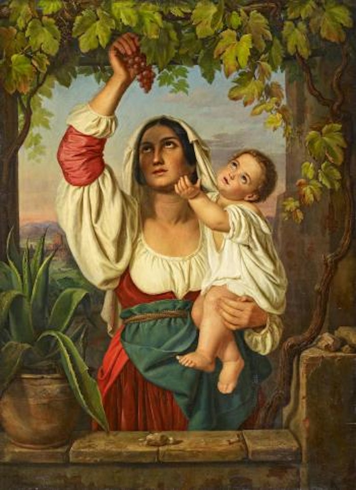 Young Female Vintner in front of a broad Campagna landscape by German School