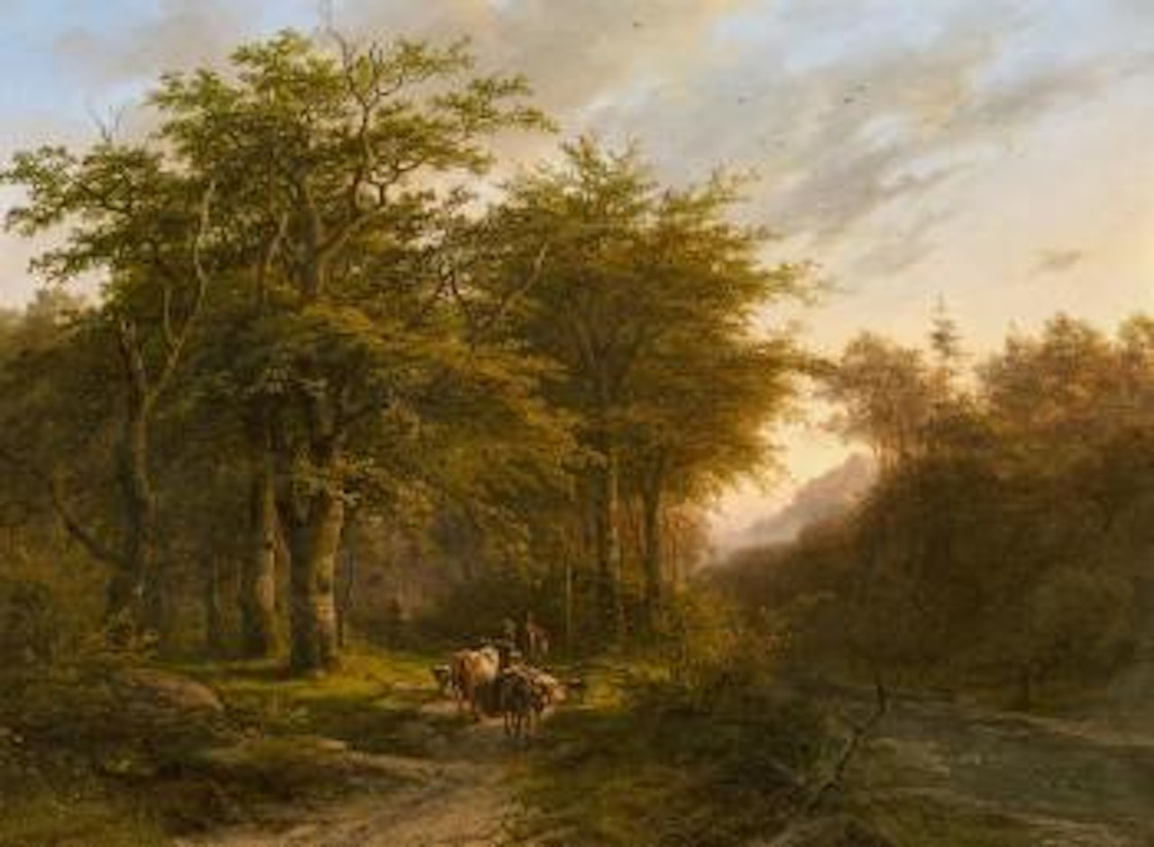 Forest landscape with livestock train by Barend Cornelis Koekkoek