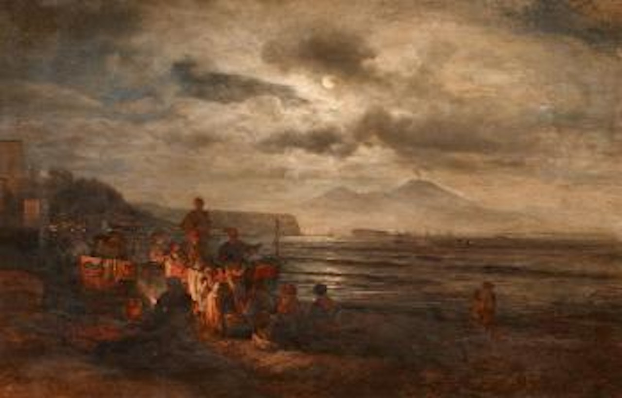 Fishermen by a fire on the beach in the bay of Naples at night by Oswald Achenbach