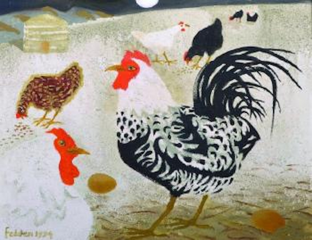 A cockerel and chickens in a farm yard by Mary Fedden